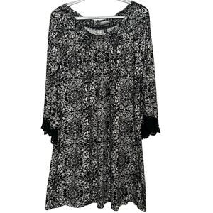 Allison Brittney Women's Black White Printed Long Bell Sleeves Dress Size‎ L